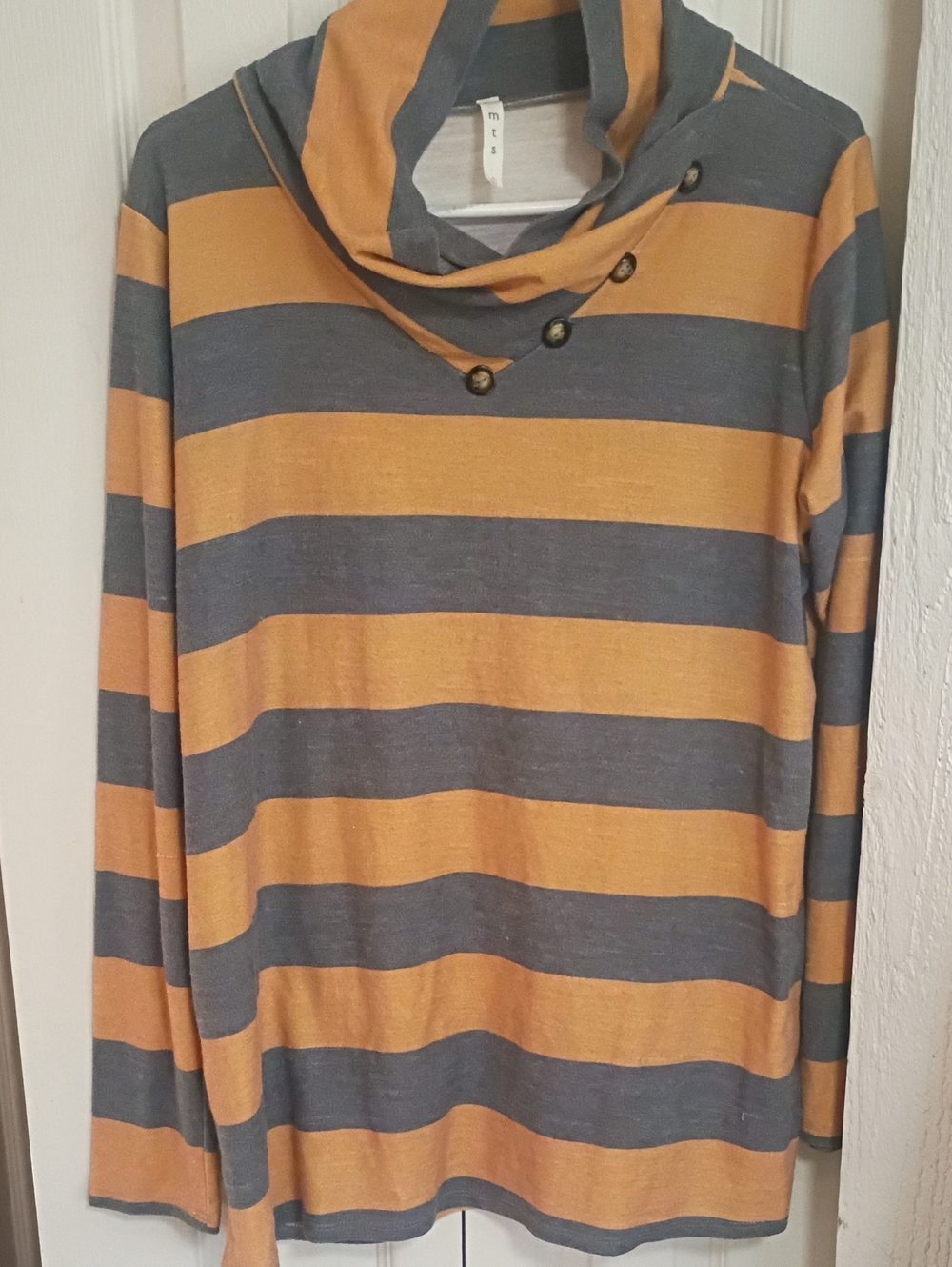 mts Striped Cowl Neck Sweater in Mustard and Slate